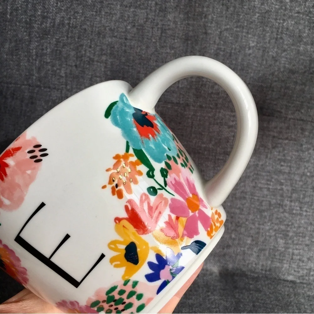 Floral E Initial Mug White Black Pink Blue Yellow 16 oz